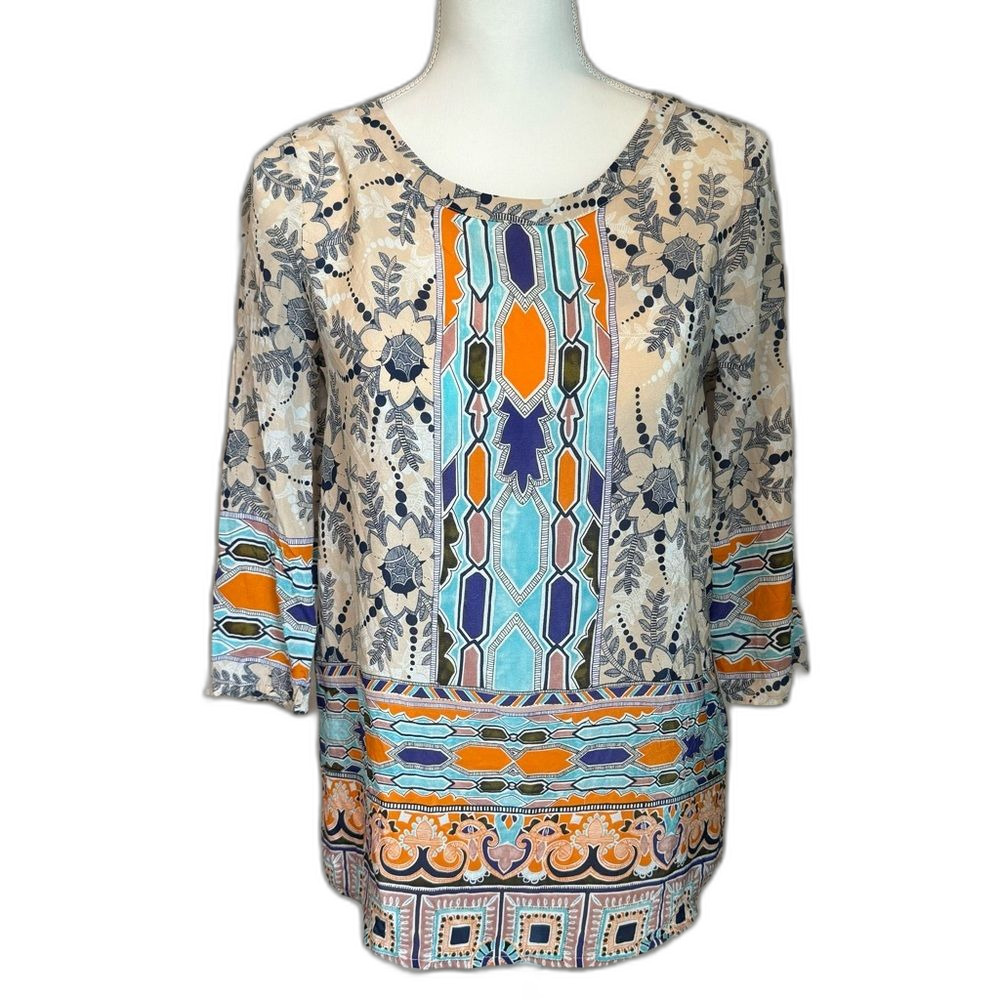 Maeve Anthropologie Silk Blouse Size 0 Floral Geometric Office Luxe 3/4 Sleeve
